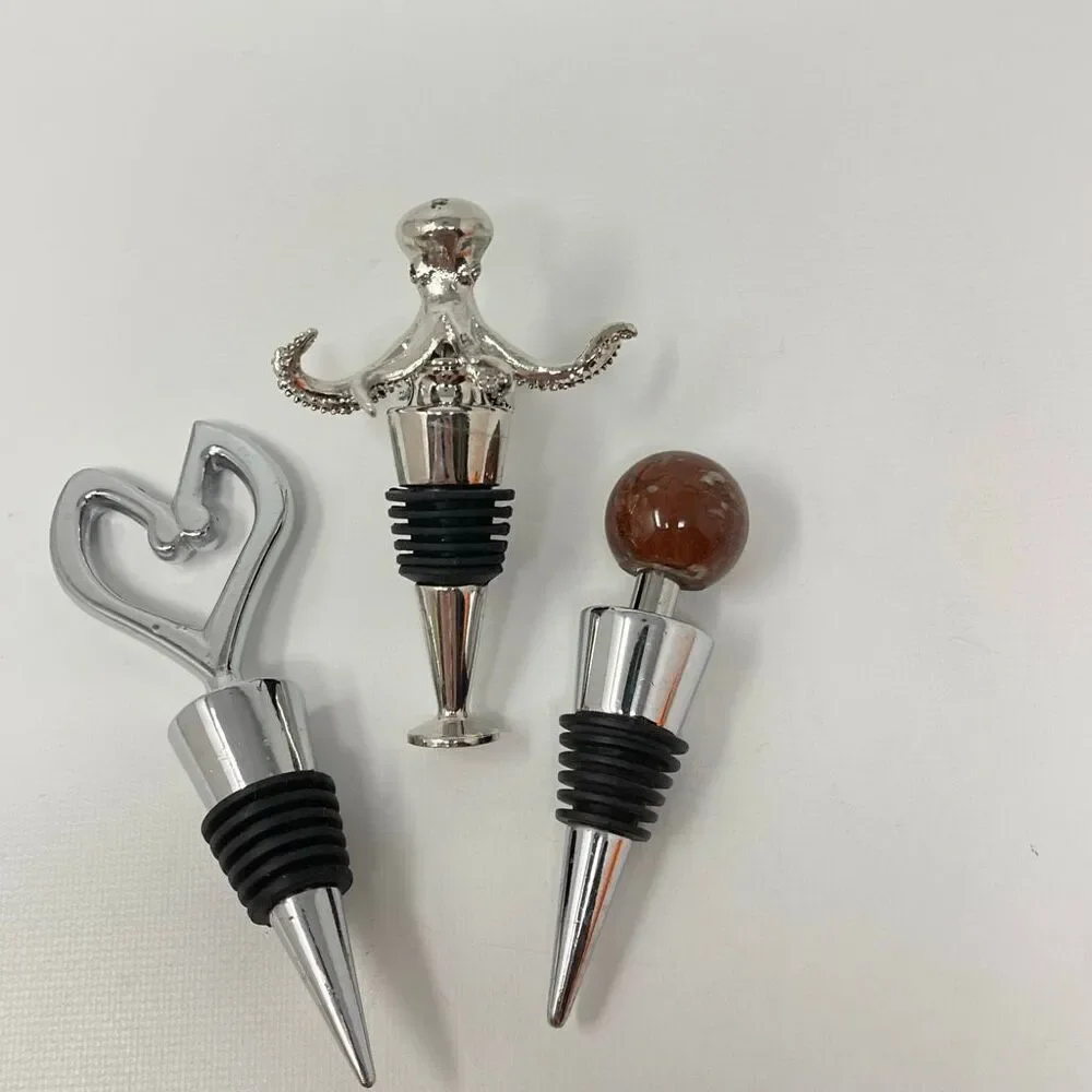 Metal & Stone Wine Bottle Stopper Lot of 3 Metal Octopus & Heart Stone Ball